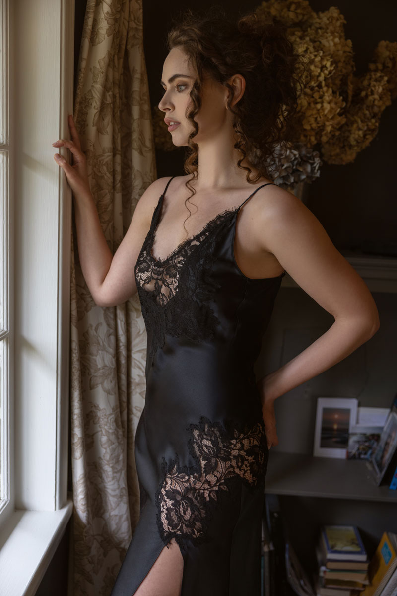 Diva Black Lace Gown - Christine Silk Lingerie & Loungewear