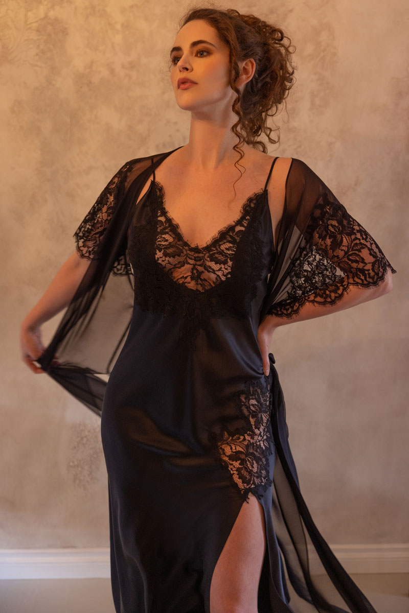 Diva Black Lace Gown - Christine Silk Lingerie & Loungewear