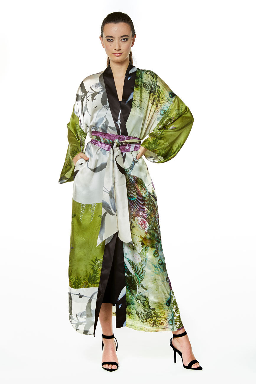 Peacock Gatsby Long Robe - Christine Silk Lingerie & Loungewear