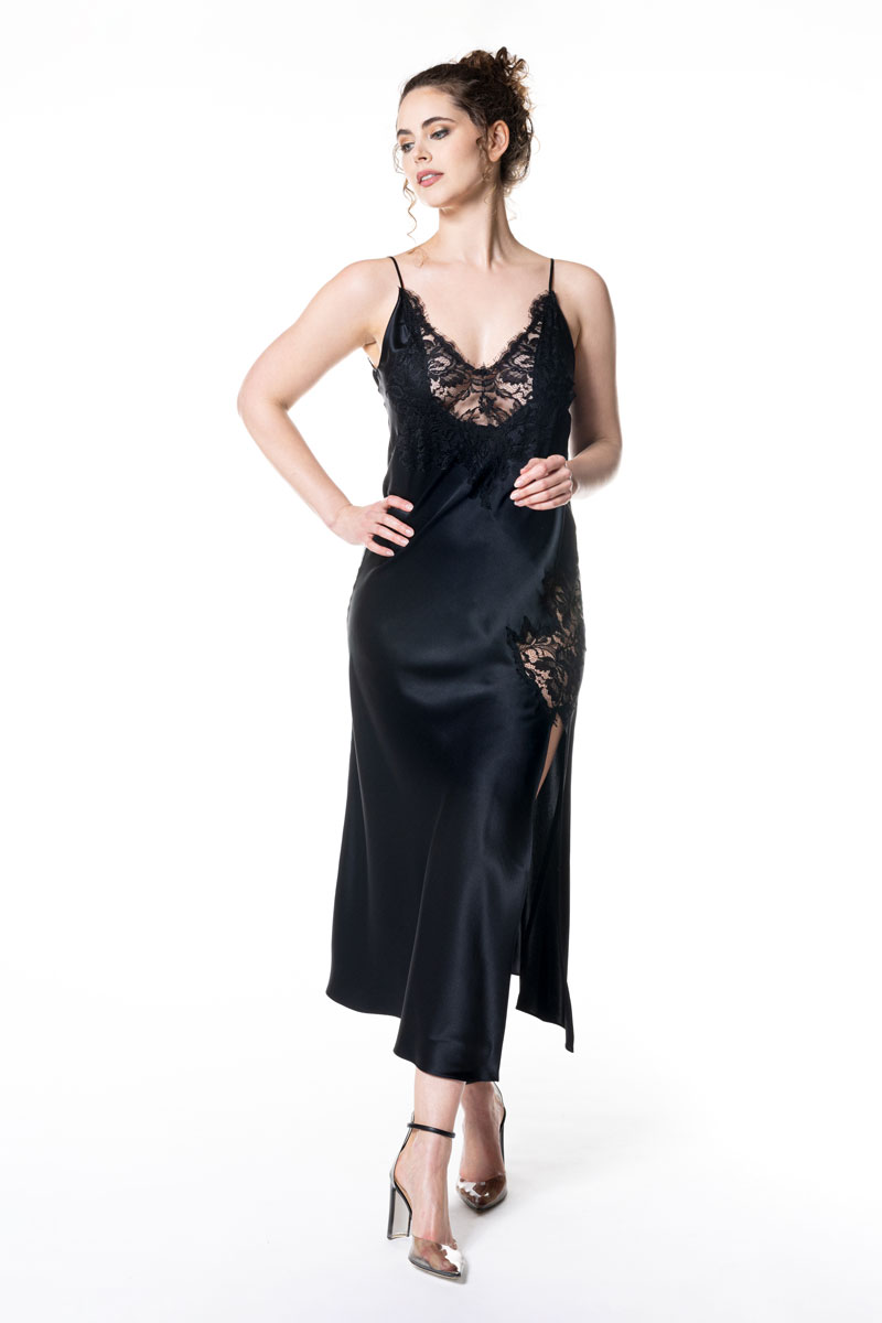 Diva Black Lace Gown - Christine Silk Lingerie & Loungewear