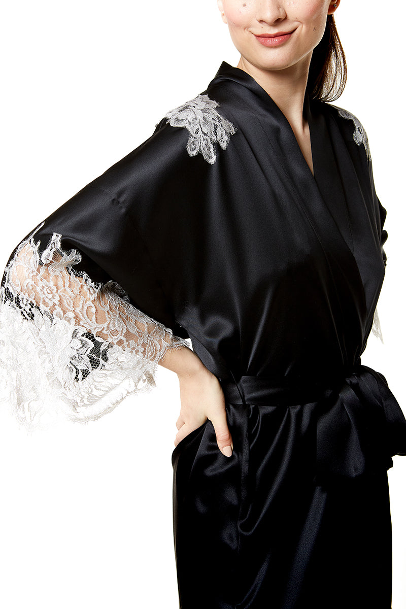 Diva Silver Lace Long Robe - Christine Silk Lingerie & Loungewear
