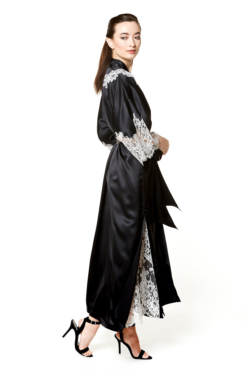 Diva Silver Lace Long Robe - Christine Silk Lingerie & Loungewear