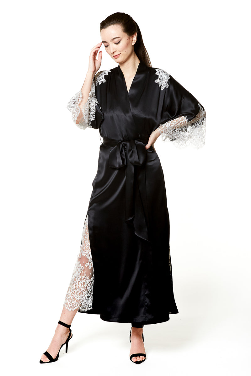 Diva Silver Lace Long Robe - Christine Silk Lingerie & Loungewear