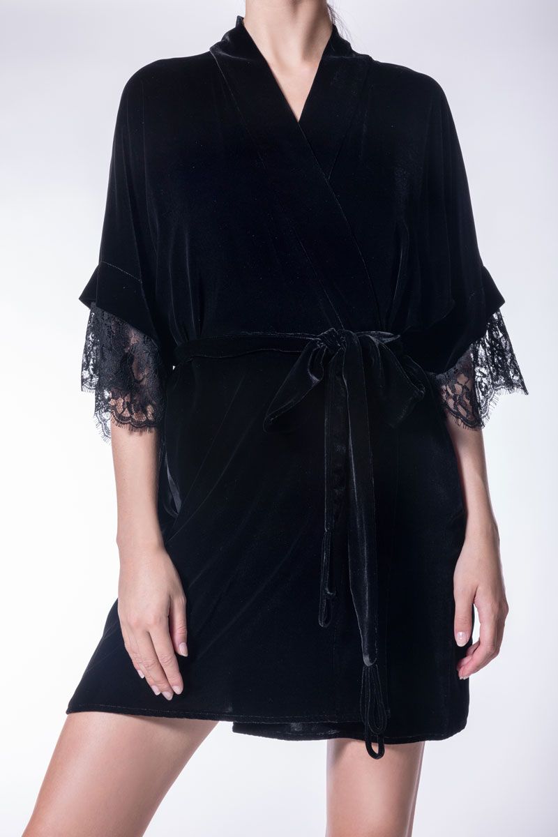 Diva Black Lace Short Velvet Robe - Christine Silk Lingerie & Loungewear