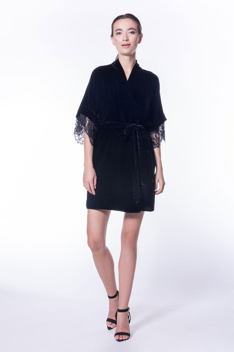 Diva Black Lace Short Velvet Robe - Christine Silk Lingerie & Loungewear