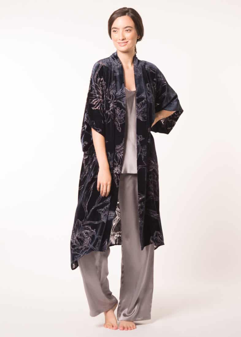 Midnight Faberge Velvet Kimono - Christine Silk Lingerie & Loungewear
