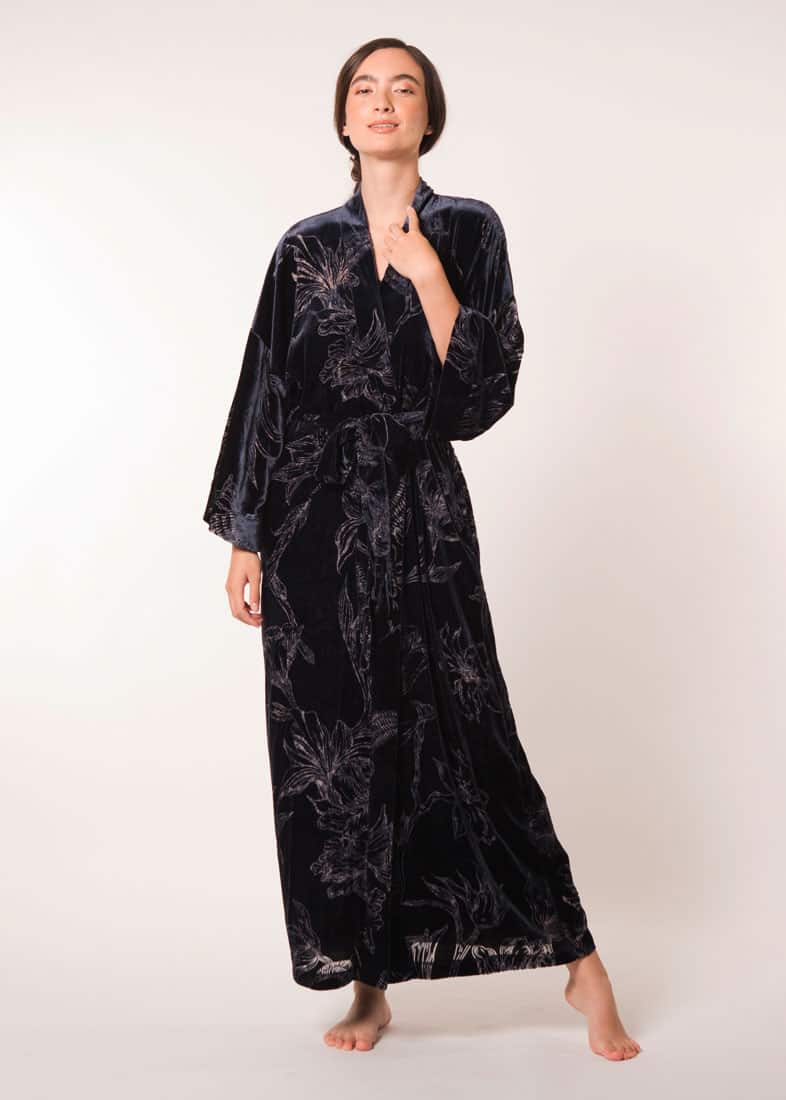Midnight Faberge Velvet Long Robe - Christine Silk Lingerie & Loungewear