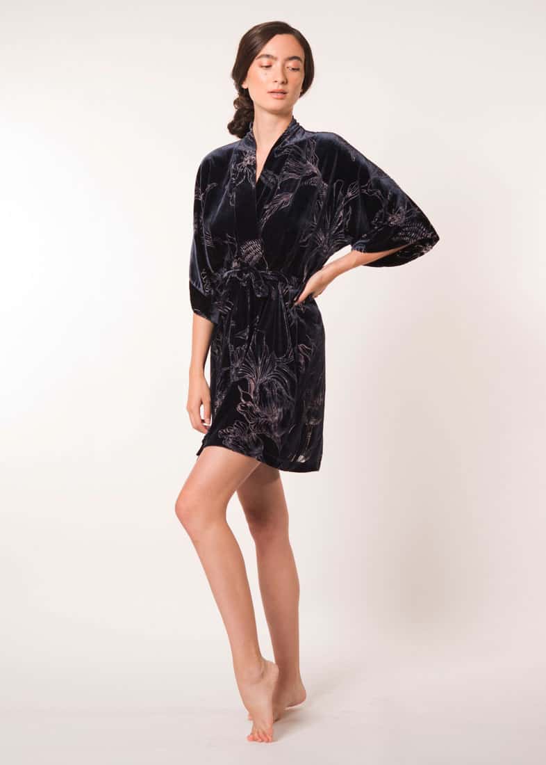 Midnight Faberge Velvet Short Robe - Christine Silk Lingerie & Loungewear